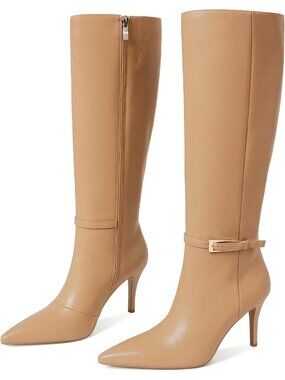 Women's Nude Faux Leather Comfortable Stiletto Heel Pointed Tall Knee High Boot